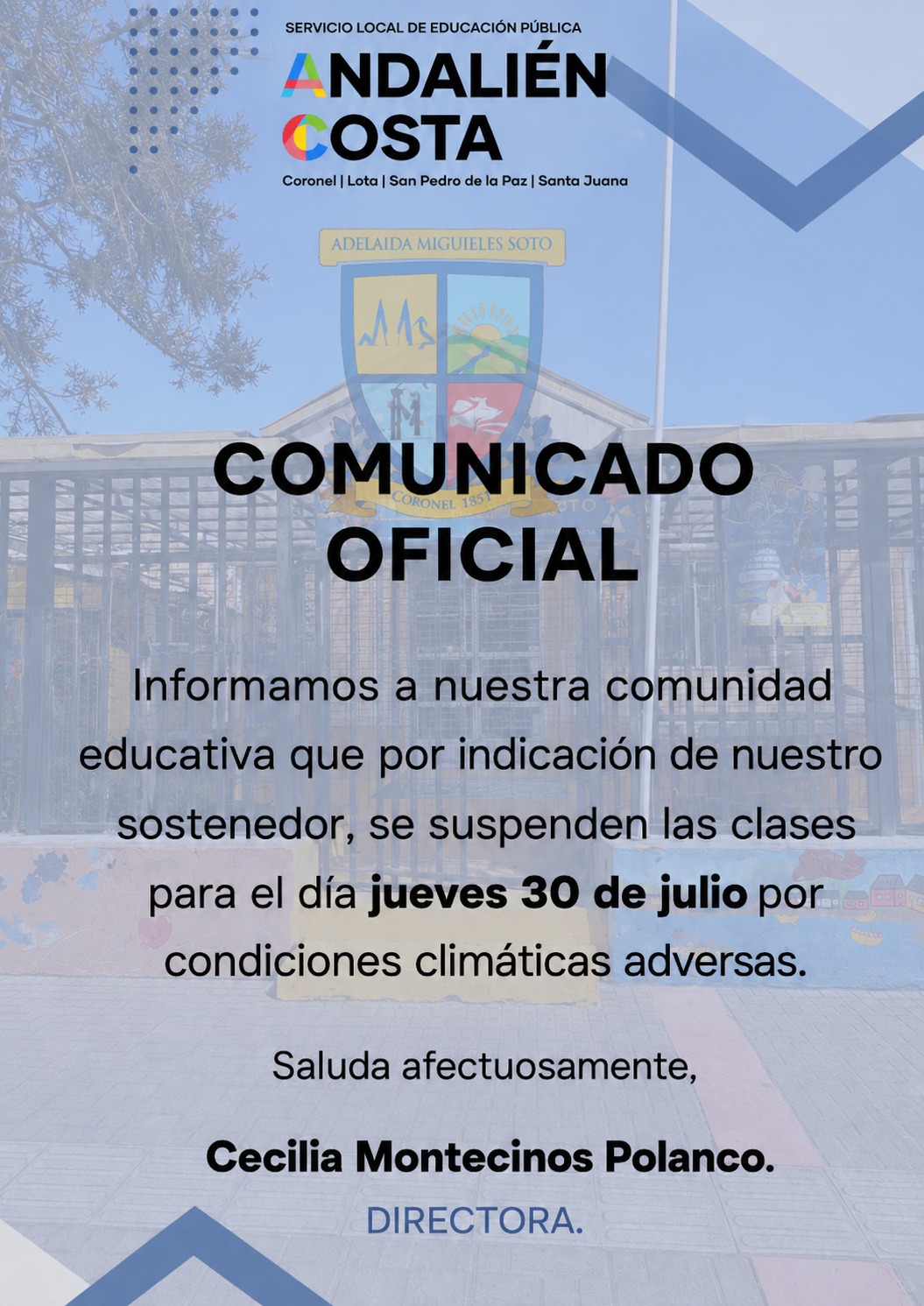 Suspensión de clases para el jueves 30 de julio por condiciones climáticas adversas
